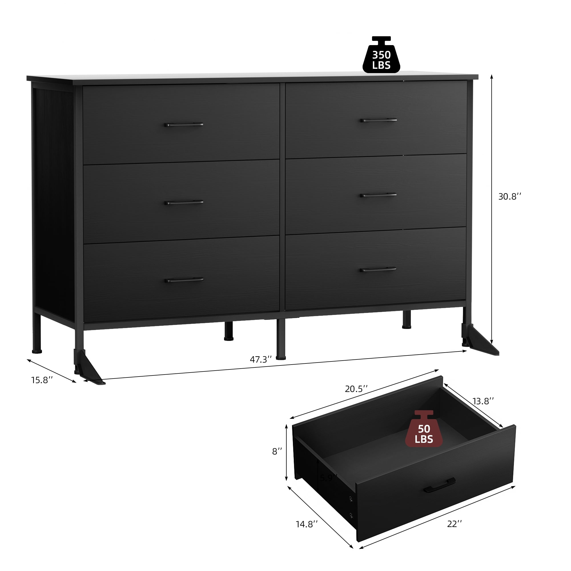 Richya 6 Drawers Dresser for Bedroom, 47.3'' Dressers & Chest of Drawers with Steel Frame, Black