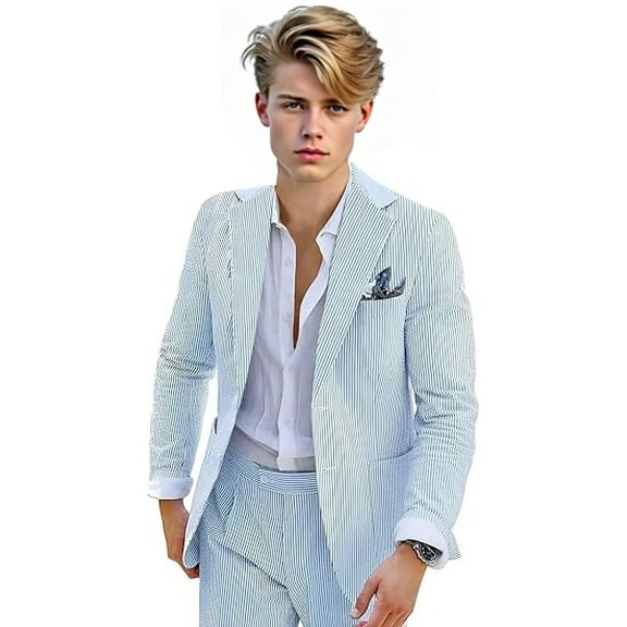 Boys' Seersucker Suit 2-Piece Set - Striped Tuxedo Blazer & Pants - Summer Beach Wedding Suit