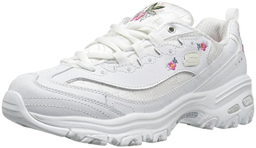 white skechers with roses