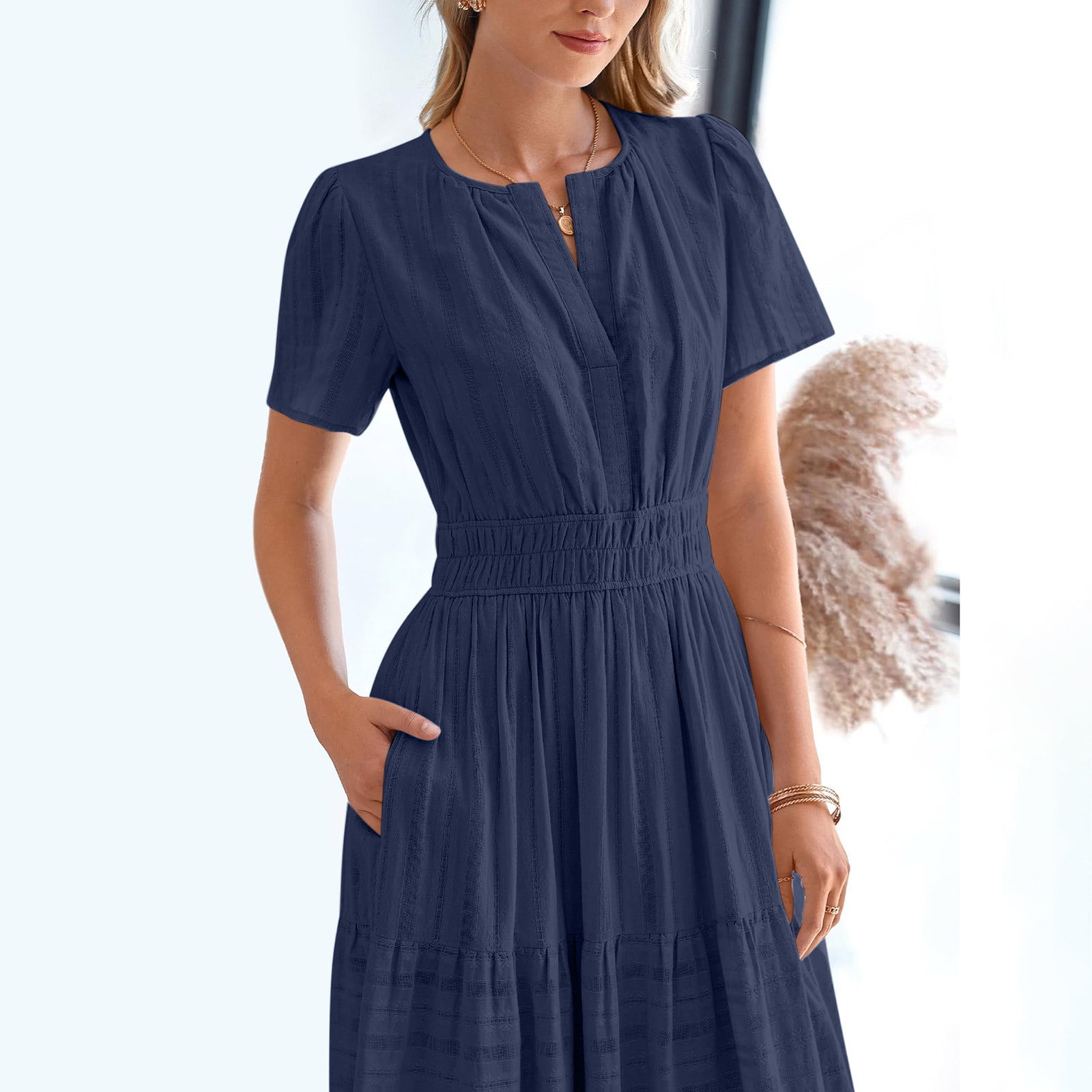 Lorytime Women's Casual Dresses V Neck Blue Summer Short Sleeve Midi Dress Pleated Tiered Hawaiian Flowy Coverup Calf Length Dresses Solid Dress Loose Vacation Fashion Clothes XL