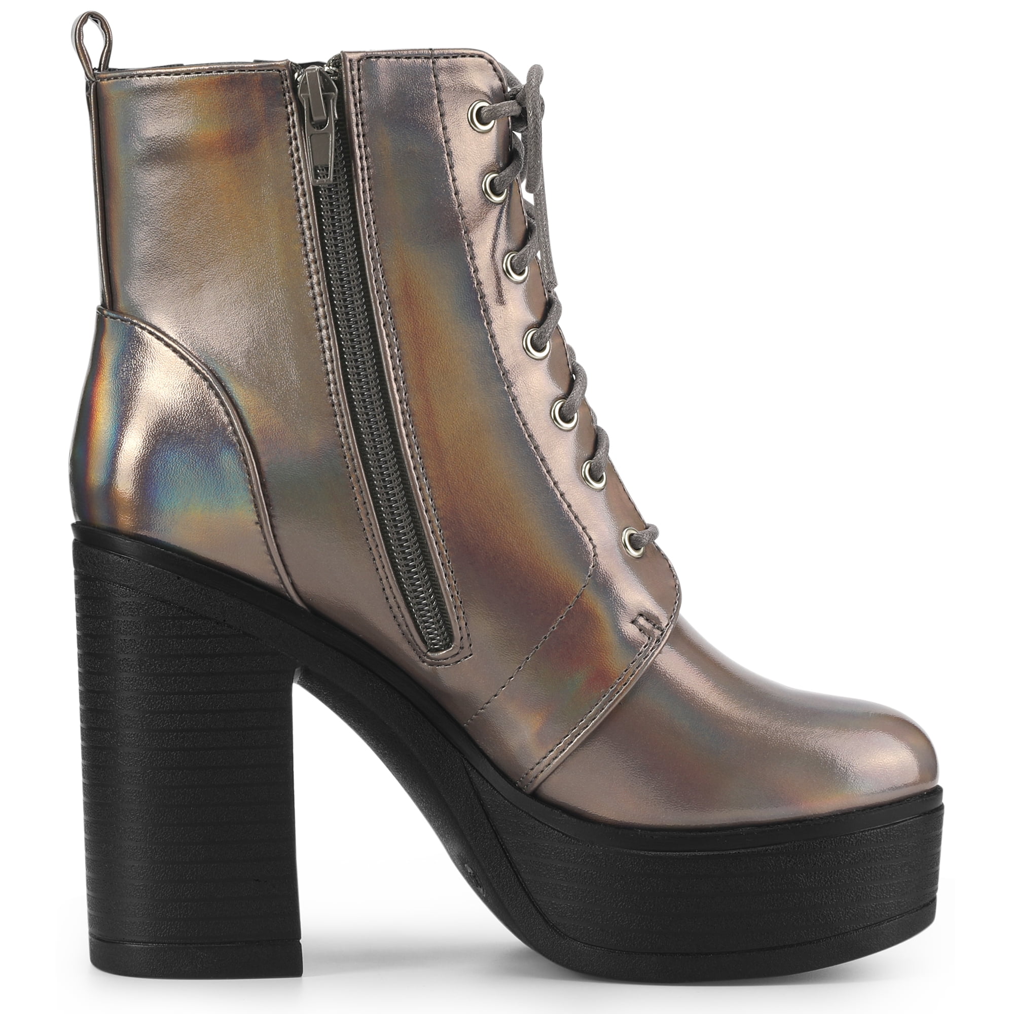 DARING DIVA Women's Zip Platform Block Heel Combat Boots Gunmetal 7.5