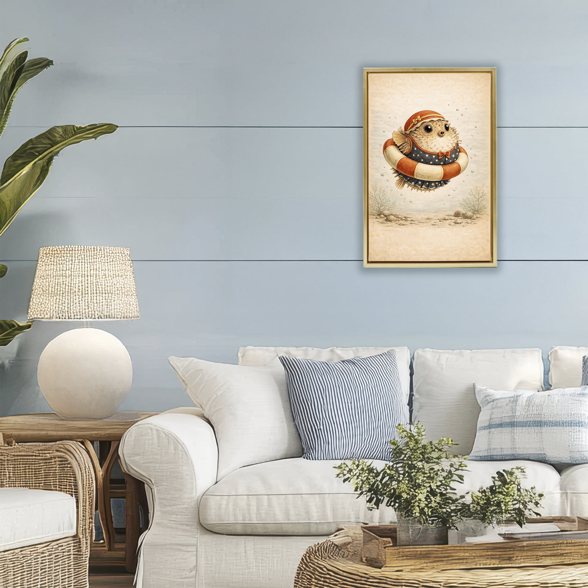 Stupell Industries Pufferfish Of Maritime Bathing Society Gold Framed Floater Canvas Wall Art, design by Grotto Studios