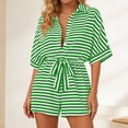 thumbnail image 6 of ClodeEU Women's Striped Notch Collar Button 3/4 Sleeve Romper with Belt,Casual Jumpsuit Shorts Green,Womens Plus M, 6 of 6