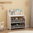 thumbnail image 6 of Bookshelf with 6 Fabric Storage Bins, Multi-Functional s Bookcase and Toy Organizer, White & Gray, 3-Tier Front-Facing Display Shelf for Playroom Bedroom Nursery, 6 of 14