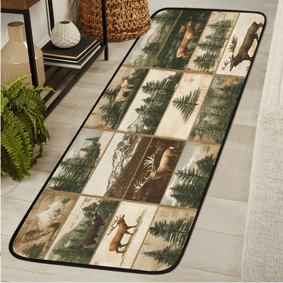CURLYOOT Rustic Deer Vintage Moose Forest Runner Rug 2'x6' Washable Kitchen Runner Rug Indoor Non Slip Laundry Rugs Floor Carpet for Hallway Kitchen Entryway Bedroom Living Room