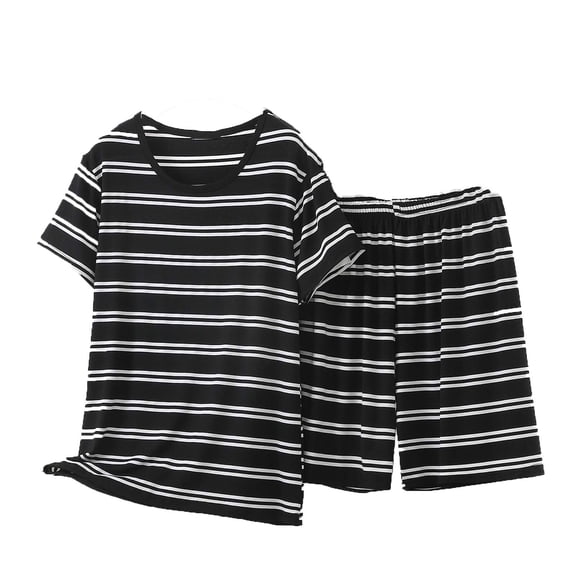 Plus Size Cotton Lounge Outfits Womens Striped Summer Pjs Sleepwear 2 Piece Soft Pajamas Shorts Sets (XL, Black)