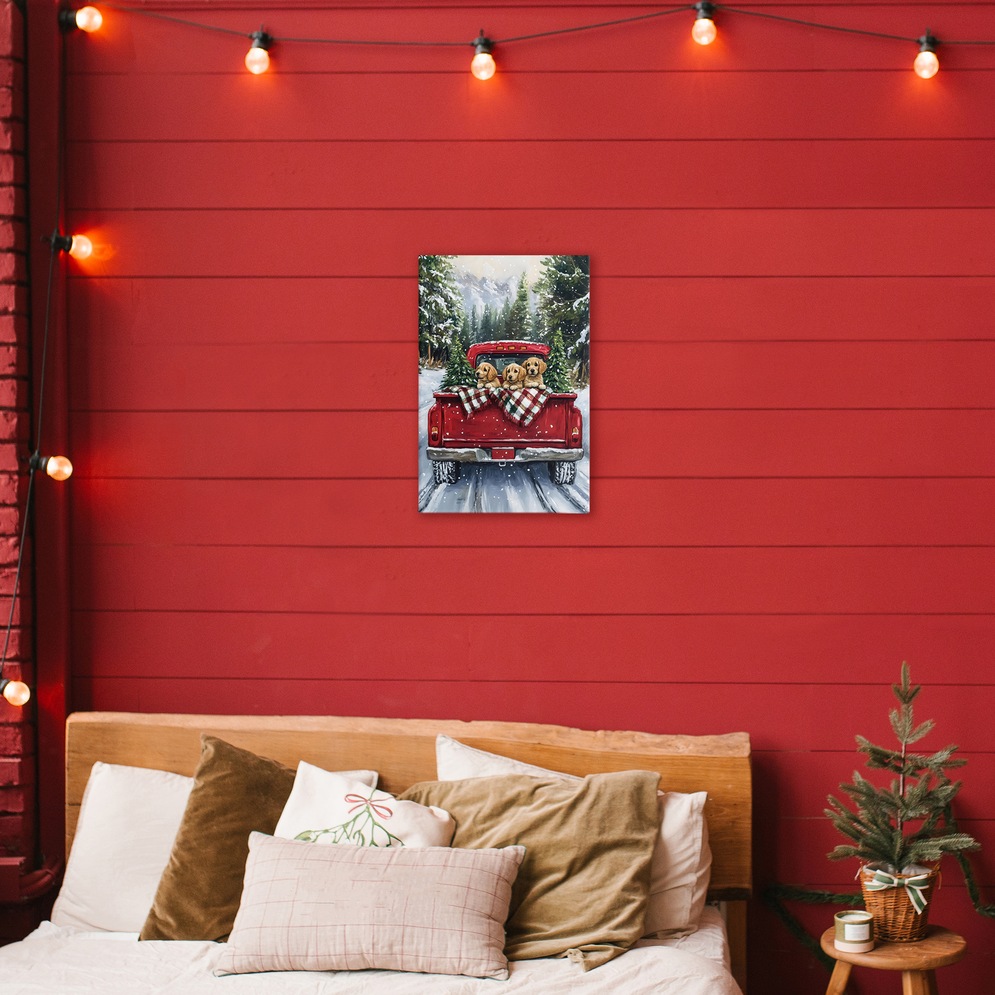 Golden Pups Christmas Truck Canvas Wall Art, design by Petal Prints Design