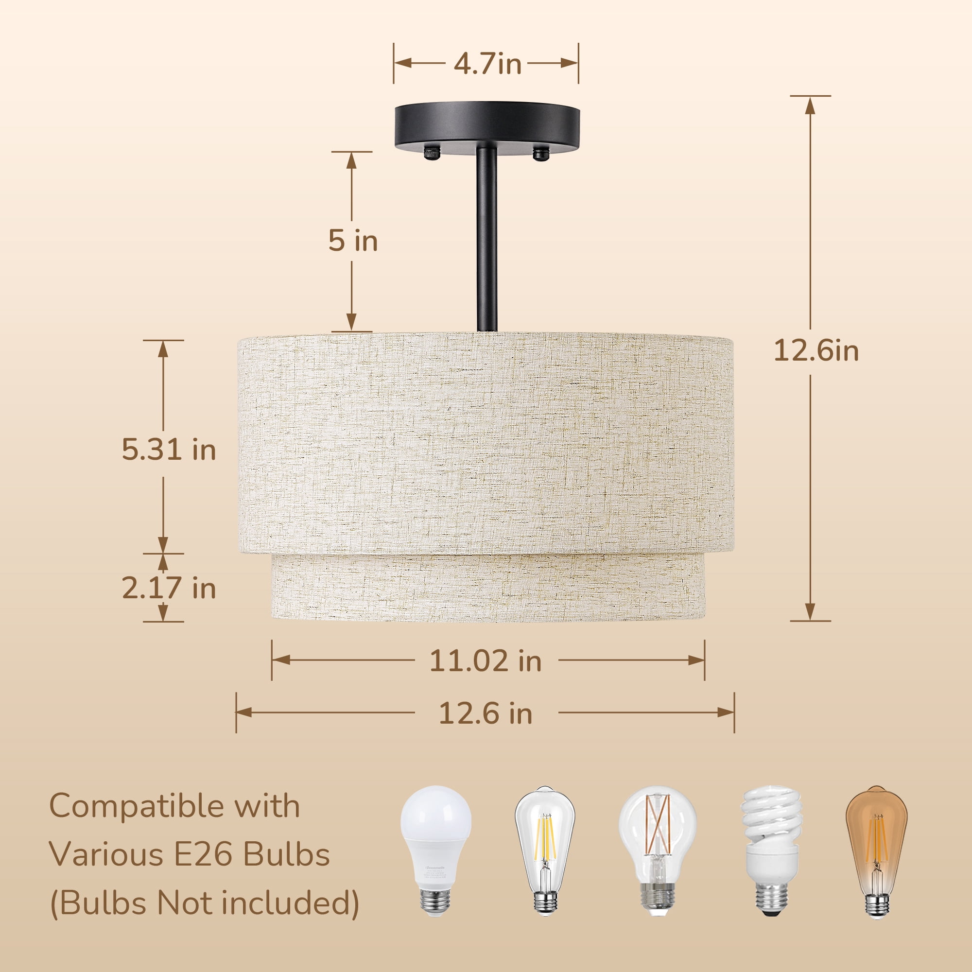 EDISHINE 12.6 Inch Semi Flush Mount Ceiling Light Fixture, Double Drum Shade, Modern Close to Ceiling Lamp,Black for Bedroom Hallway Dining Room Kitchen
