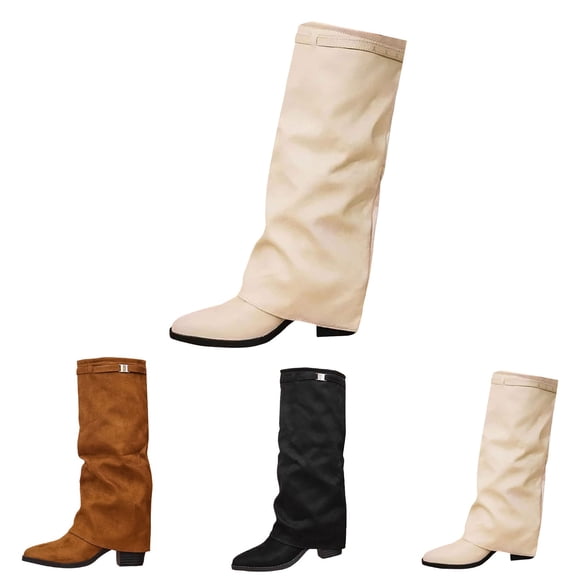 RotHome Women Knee High Boots Wide Calf Chunky High Heel Pointed Toe Fold Over Boot Fashion Fall Winter Tall Pull On Cowboy Boots for Women