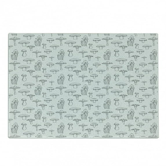 Mushroom Cutting Board, Pattern with Different Mushrooms Doodle Style Monochrome Display Organic Garden, Decorative Tempered Glass Cutting and Serving Board, Small Size, White Black, by Ambesonne