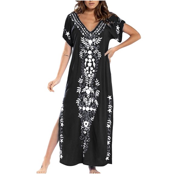Women's Summer Casual V-Neck Split Short Sleeve Printing Dresses