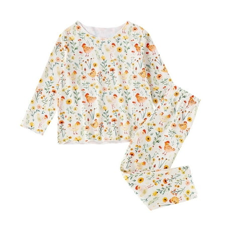 

QBGSAY Little Child Outfits Sets Toddler Boys Girls Long Sleeve Cartoon Floral Prints Tops T Shirt Pants Outfits Cute Clothes Set