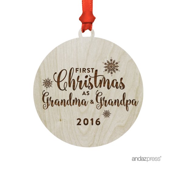 Laser Engraved Wood Christmas Ornament with Gift Bag, First Christmas as Grandma & Grandpa 2017