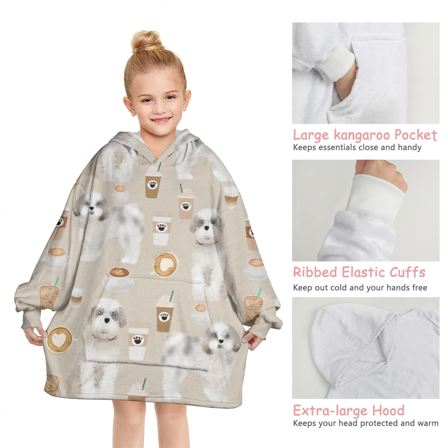Cute Shih Tzu Dog and Coffee Pattern Blanket Hoodies for Kids 6-13YR Oversize Wearable Blanket Hoodies for Boys Girls Teens