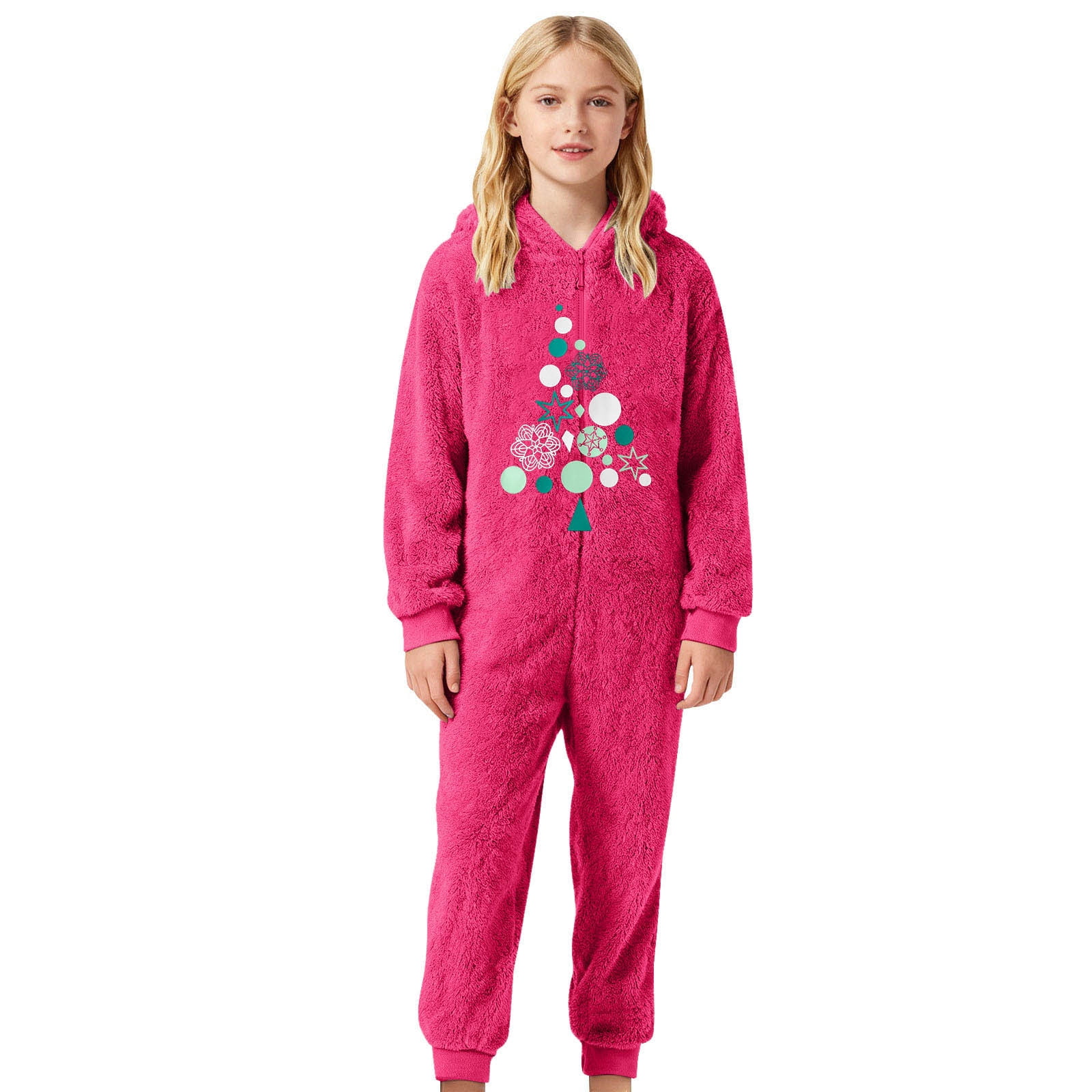 FYDUU Christmas Girls Zip Up Jumpsuits Kids Fuzzy Hooded Rompers Soft Cozy Onesie Pajamas One-Piece Warm Winter Clothes Soft Warm Rompers 9-10 Years