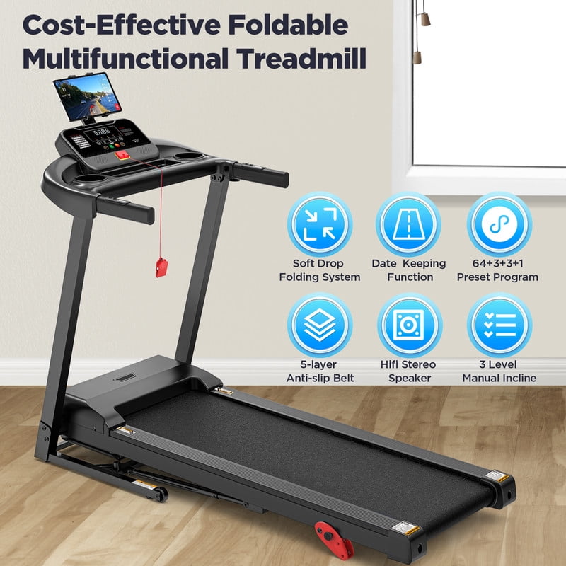 2.75HP Folding Treadmill with 300lb Capacity, 3 Adjustable Incline, 64+6+1 Program, Smart APP Connection, Bluetooth HiFi Stereo Speakers, 7.5MPH Portable Treadmill for Home Jogging walking