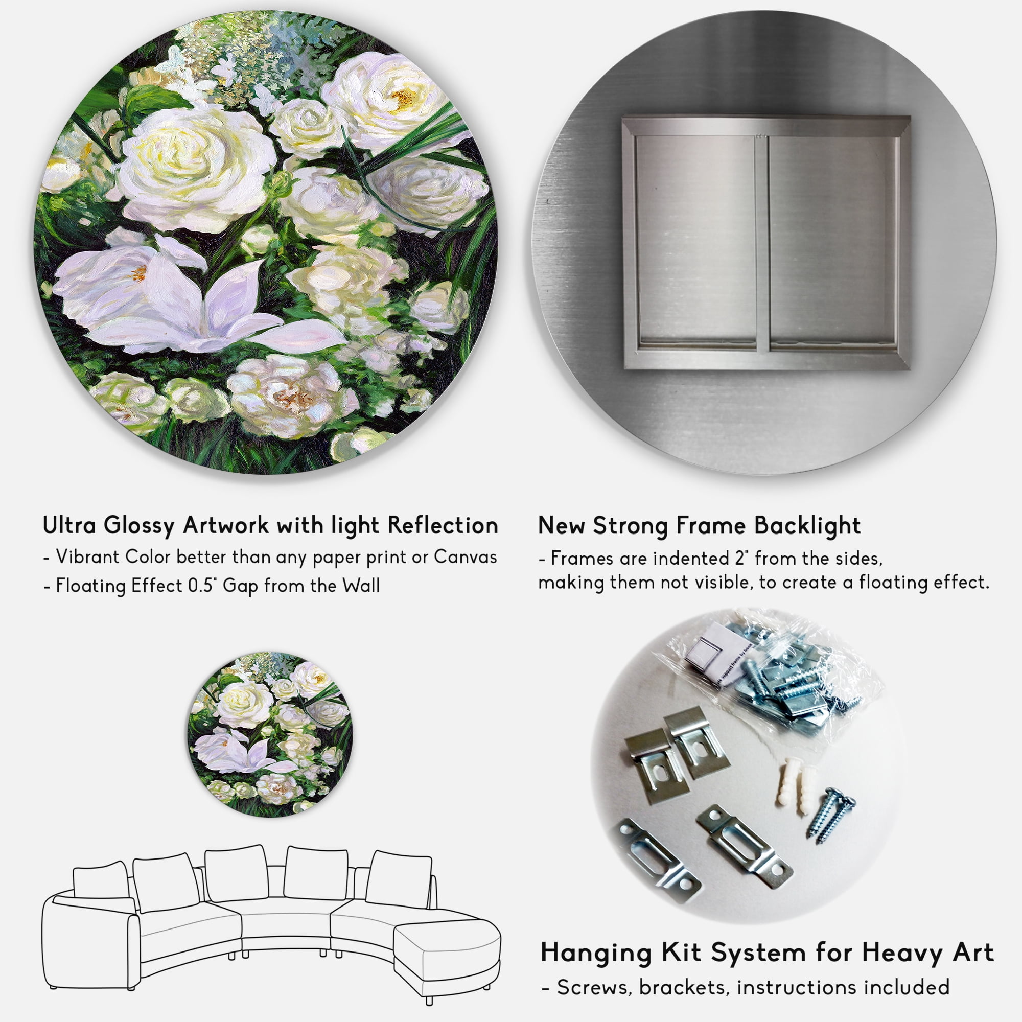 Designart 'Bouquet Of White Roses With Green Leaves' Traditional Circle Metal Wall Art 29x29 - Disc of 29