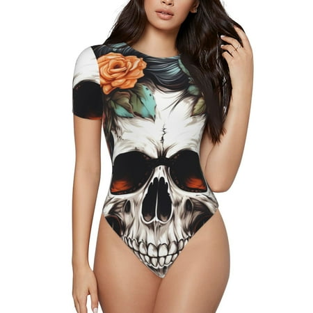 Gaeub Flower Horn Skull Print Women s Short Sleeve One Piece Swimsuit Sexy High-Waisted Bodysuit Bathing Suit for Swimming  Beach  Sports-XX-Large