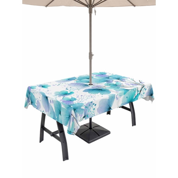Outdoor Tablecloth with Umbrella Hole for Patio/Picnic/Party/Camping, Spring Flowers Waterproof Table Cloth Rectangle Table Cover Washable, Blue Botanical Watercolor Wildflowers (60"x 84")