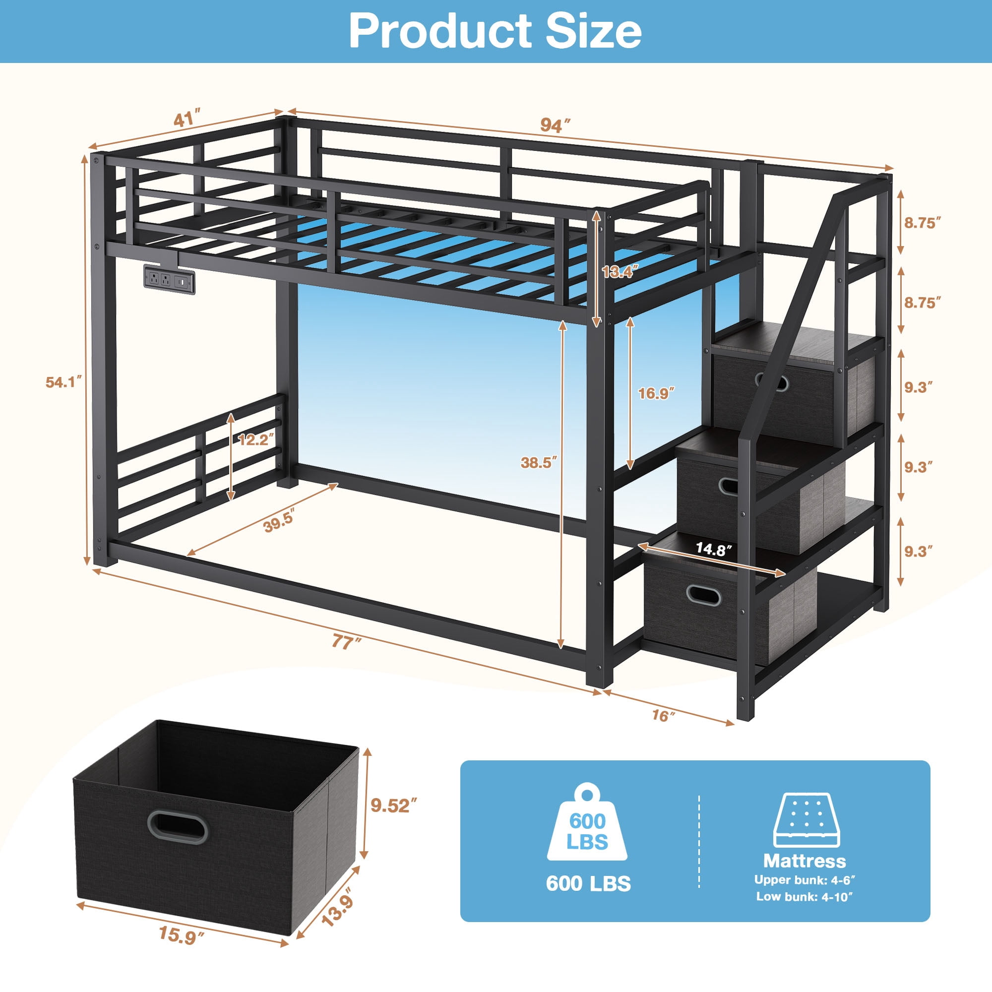 Twin Over Twin Bunk Bed with Storage Stairs, Movable Charging Station and LED Lights, Black