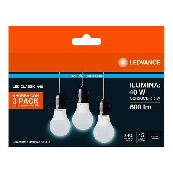 Paquete de Lámparas Ledvance 3pack de Focos LED Eco A40 6.5w G10 865MK luz fría