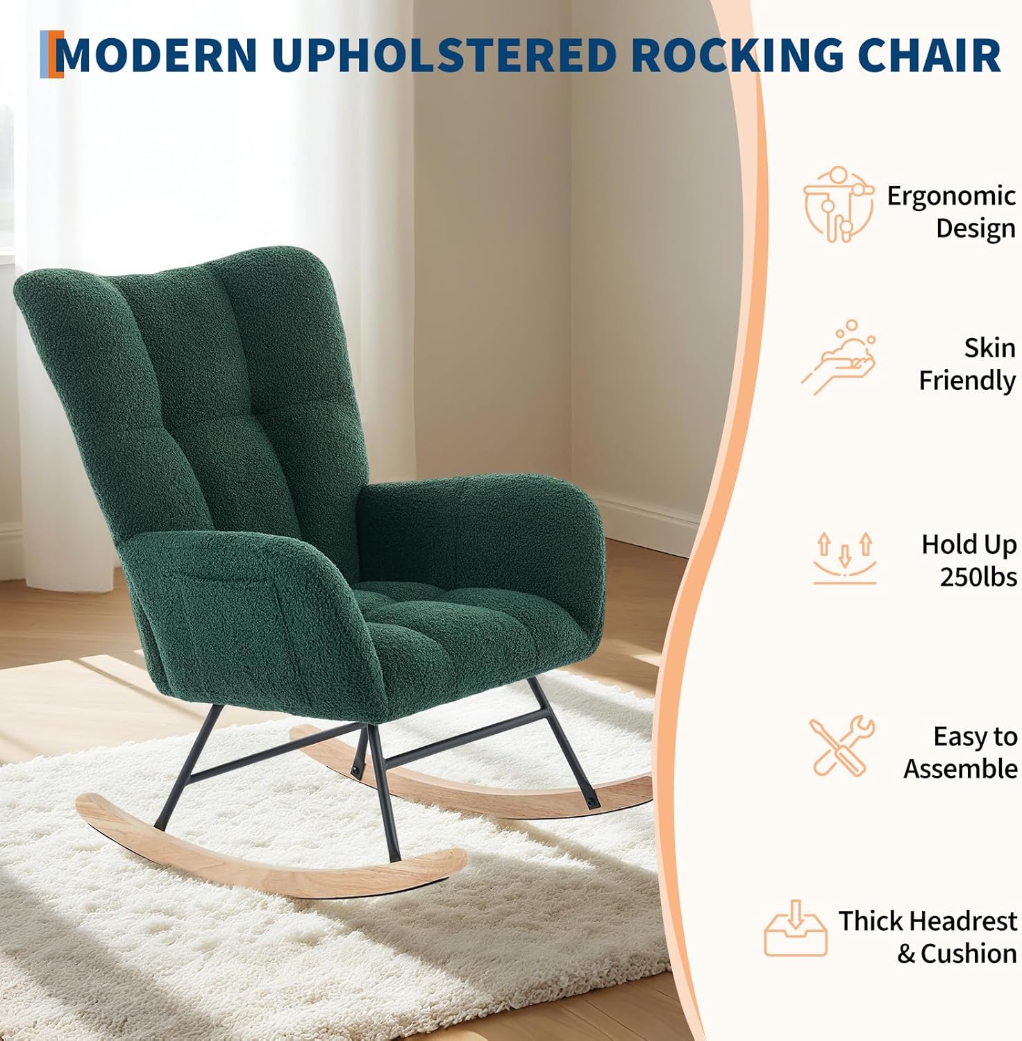 Rocking Chair Nursery Teddy Upholstered Baby Fluffy Glider Rocker for Adults Small Spaces Indoor Nursing Chair for Living Room Bedroom Classroom Beige Comfortable Durable Stylish-DarkGreen
