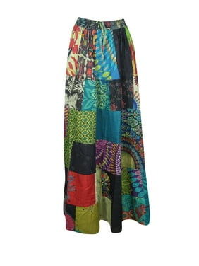 Mogul Women Bohemian Maxi Hippie Garden Floral Patchwork Long Skirt in Cotton Elastic Waist in Multicolor S/M