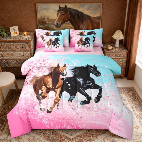 Erosebridal Galloping Horse Twin Bedding Sets, Pink Cherry Blossoms Bedding Comforter Set