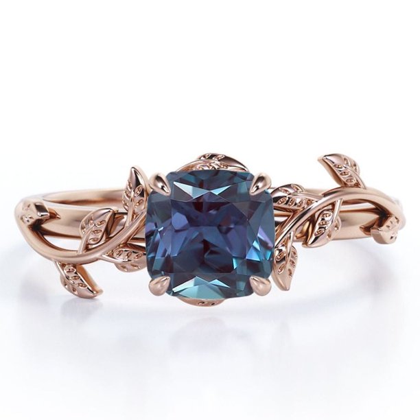 JeenMata Anillo de Compromiso Inspirado en la Naturaleza con Alejandrita de 1 Quilate Creada en Laboratorio con Corte en Forma de Cojín Engaste de 4 Puntas, Baño de Oro Rosa de 18 K sobre Plata