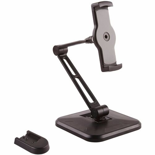 StarTech.com Adjustable Tablet Stand with Arm in black, supporting 4.7" to 12.9" tablets including iPad Pro, with a pivoting arm offering 360-degree rotation and a large square base for stable desk or wall mounting, shown with optional mounting base.