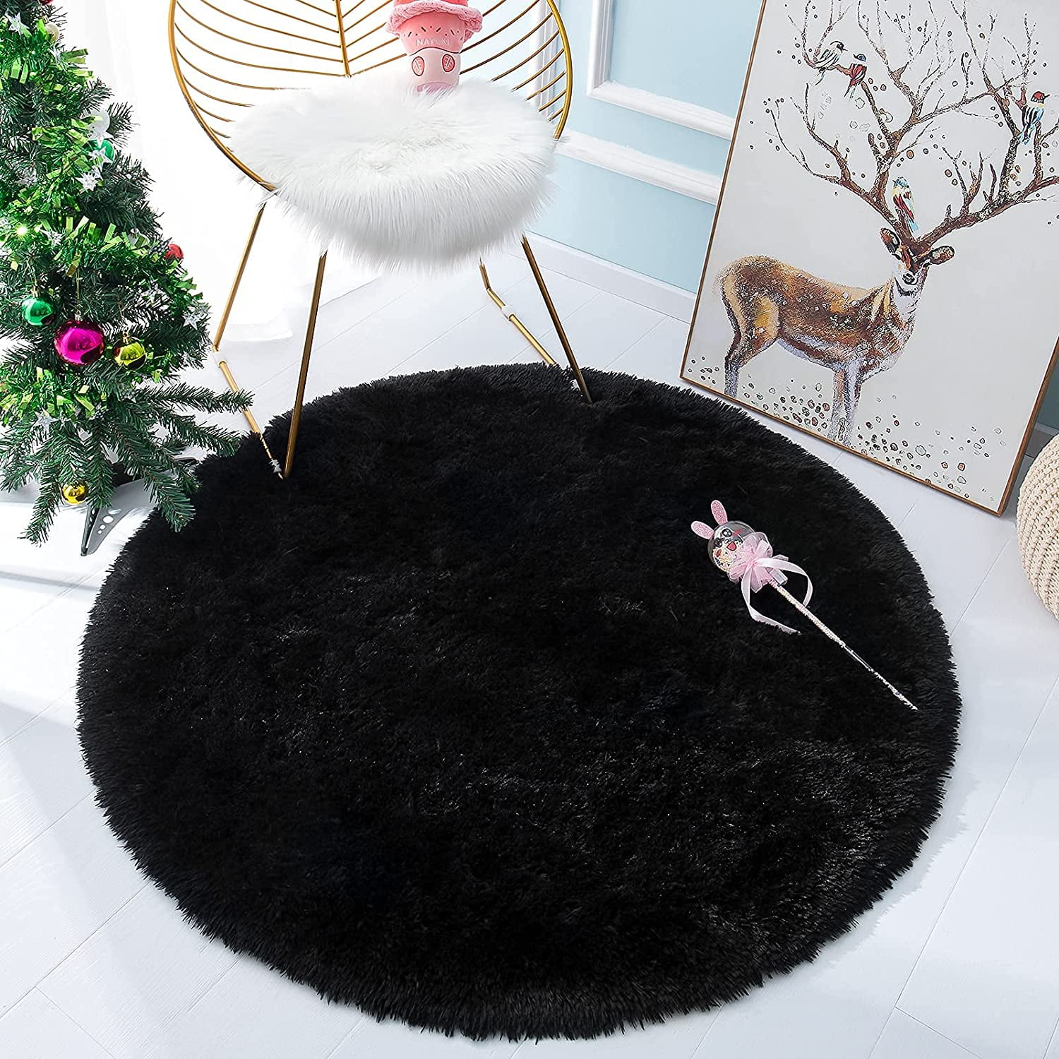 DweIke Round Rug for Bedroom,Soft Shaggy Area Rugs for Living Room Decor,Fluffy Circle Carpets for Nursery,6'x6',Black