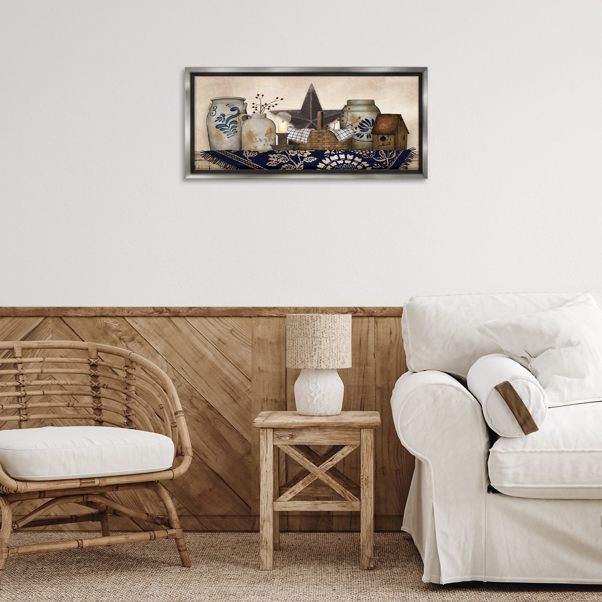 Stupell Industries Rustic Pottery Jars Botanical & Floral Painting Gray Floater Framed Canvas Art Print Wall Art, 25 x 11