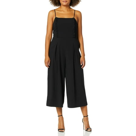 kensie Women's Cropped Jumpsuit with Ruffle Accent, Black, XS