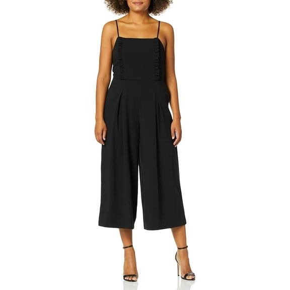 kensie Women's Cropped Jumpsuit with Ruffle Accent, Black, XS