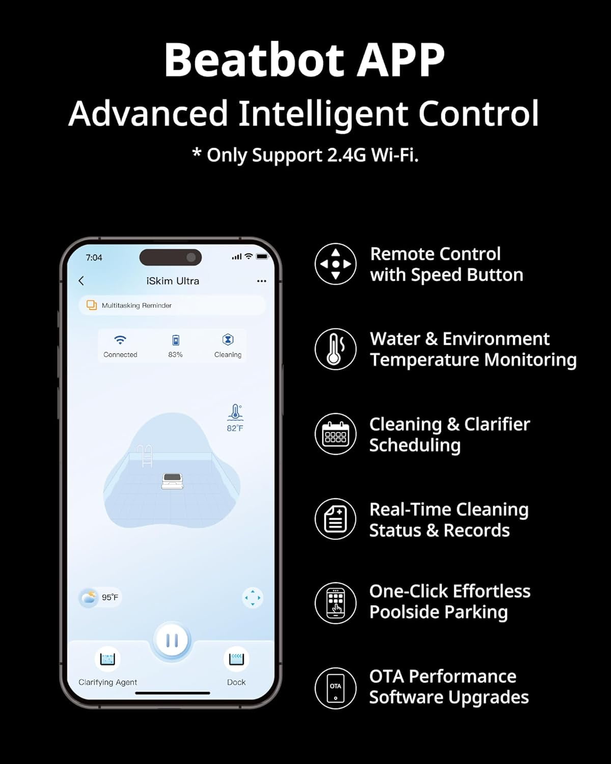 iSkim Ultra Solar Powered Robotic Pool Skimmer - 24/7 Cleaning, Solar & Magnetic Wireless Charging, Water Clarification, Edge & Corner Cleaning, S-Path Optimization, App Control, Ice Blue