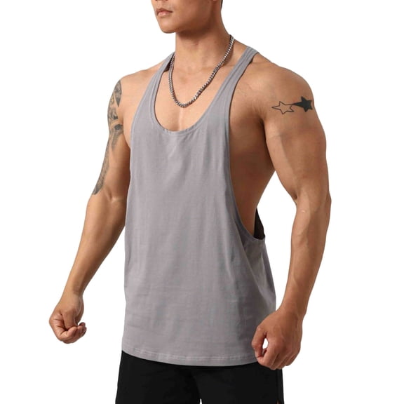 Mens Cotton Muscle Tank Tops Stringer Bodybuilding Sleeveless T-Shirts Y-Back Racerback Workout Training Fitness Vest Deep U-Neck Dropped Armholes Solid Color Tops