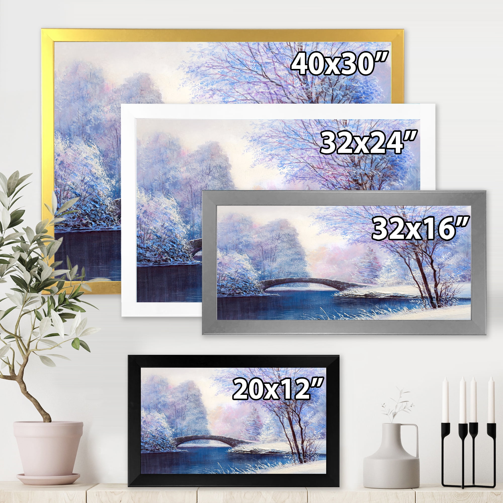 Bridge Of Meandering River With Winter Scenery III 20 in x 12 in Framed Painting Canvas Art Print, by Designart