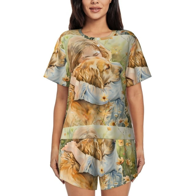 Fotbe Girl Hugging Dog Flowers Conjunto de Pijama Estampado para Mujer, 2 Piezas, Ropa de Dormir con Camiseta de Manga Corta y Shorts Suaves-Small