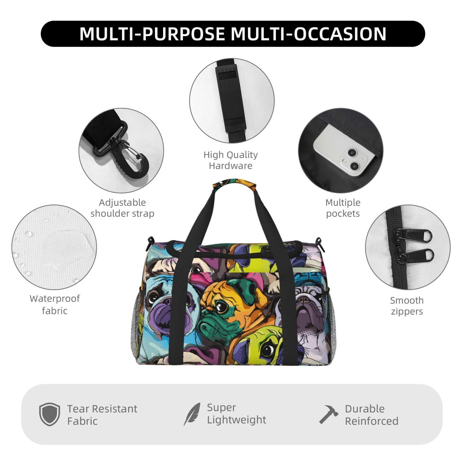 Ratiio Colorful Pug Pattern Hand Travel Bag, Weekender Carry On for Women Men, Sports Gym Bag, Workout Duffel Bag, Overnight Shoulder Bag fit 15.6 Inch Laptop