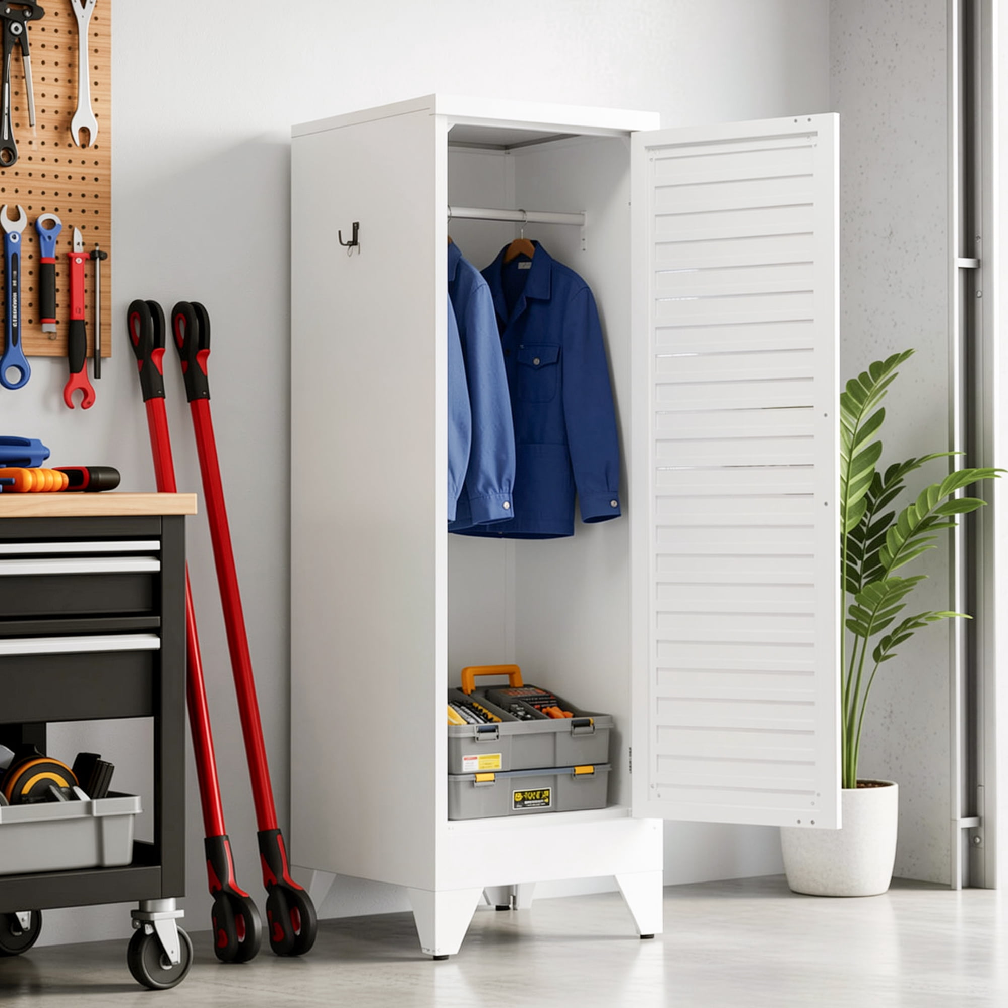 AISWORD 47" Tall Metal Armoire Wardrobe with Louvered Doors & Hanging Rod, Bedroom Storage Cabinet, White