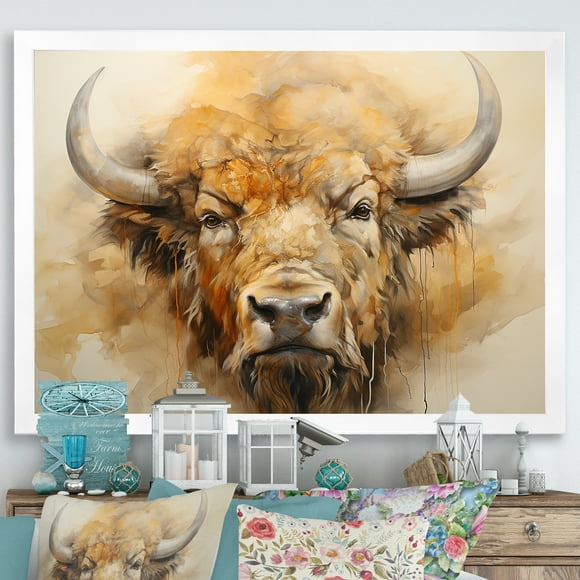 Designart "Simplistic Bison Head" Animals Bison Picture Framed Wall Art Living Room
