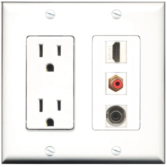RiteAV - 15 Amp Power Outlet 1 Port HDMI 1 Port RCA Red 1 Port 3.5mm Decorative Wall Plate