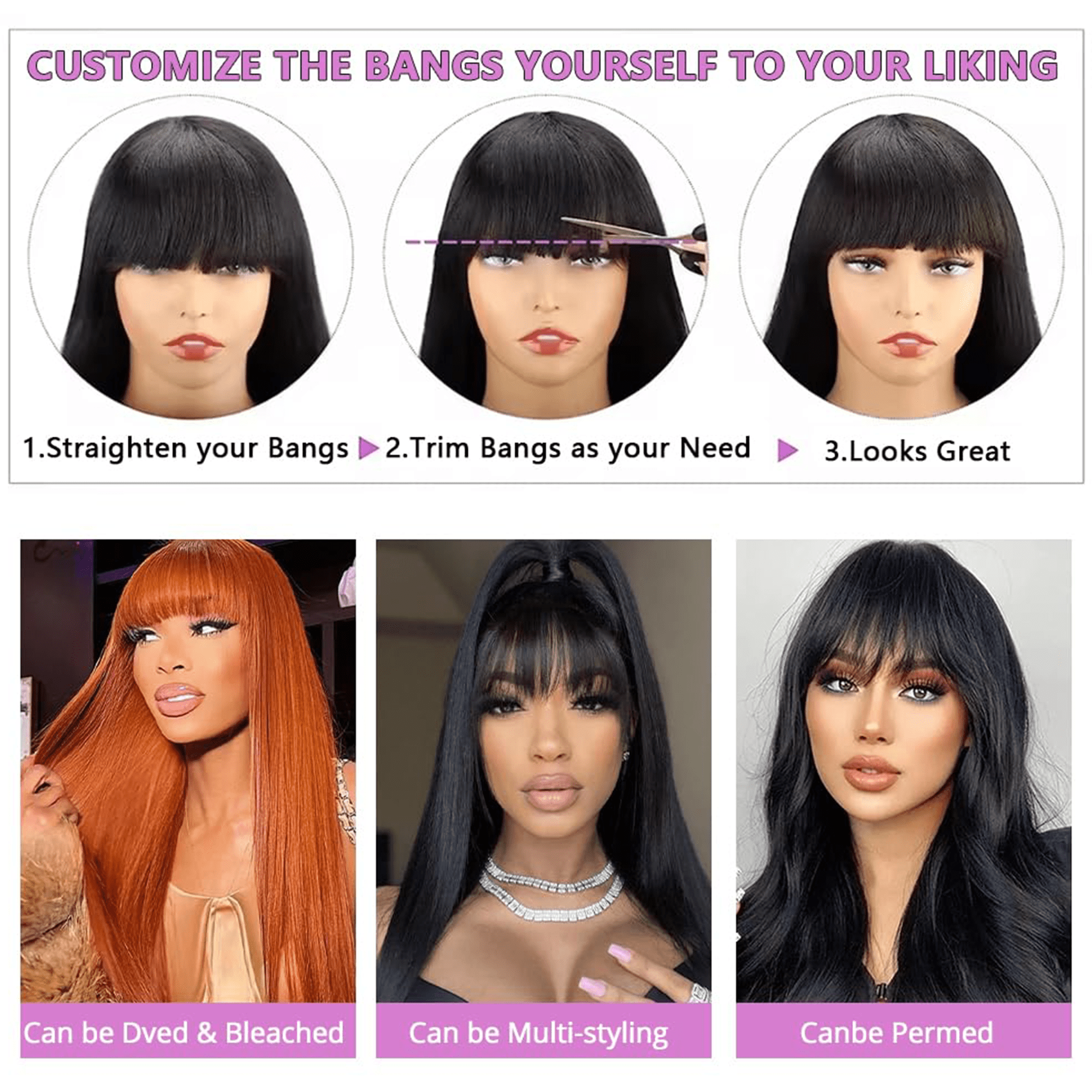 Morovan 22" Long Black Wig Straight Black Wigs with Bangs Human Hair Wigs for Black Women Glueless Wigs for Women Black Long Bob Wigs