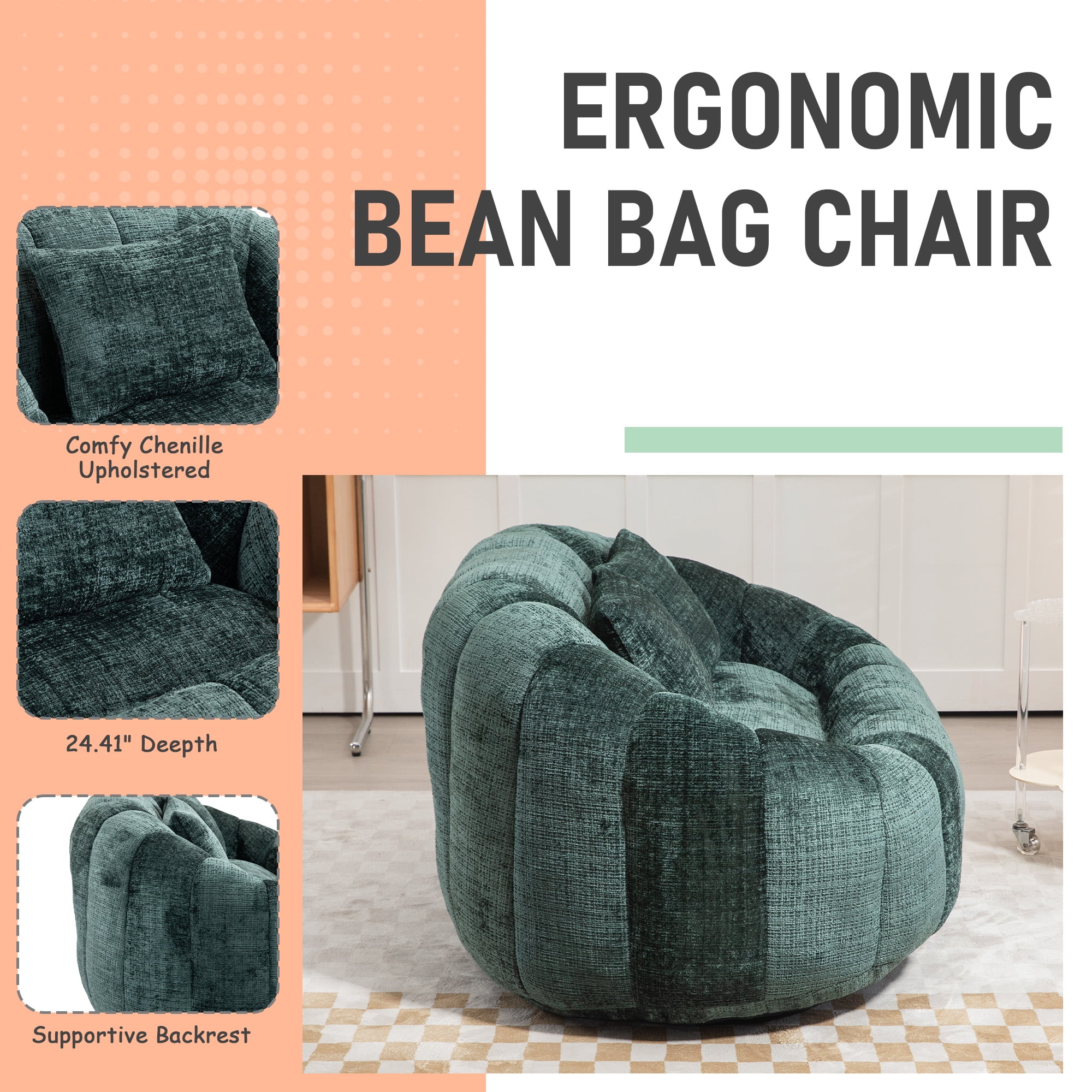 MOONMISS Chenille Durable Comfort Lounger High Back Bean Bag loveseat Lazy Sofa-Emerald