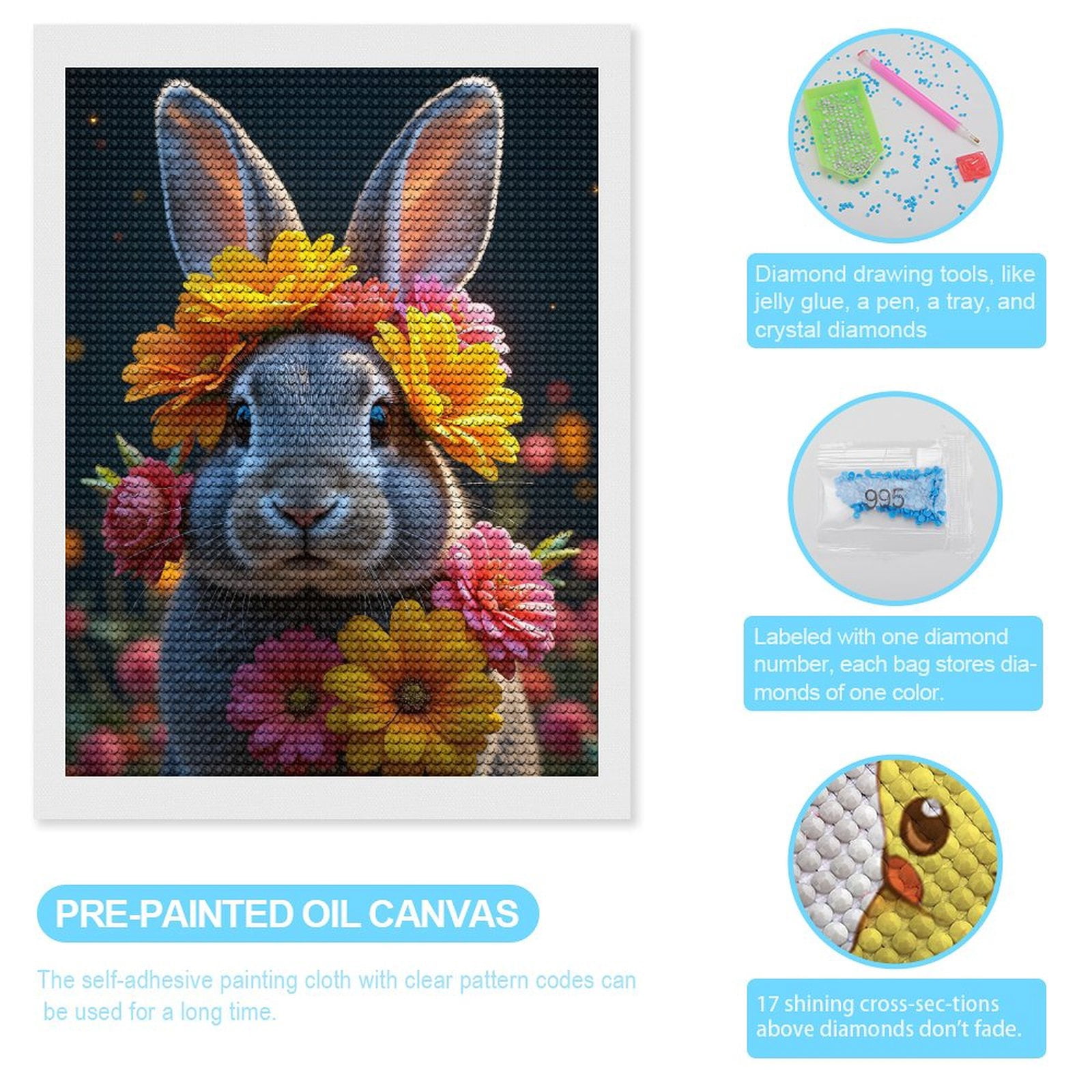 Diamond Art Kits for Adults, Rabbit With Vibrant Floral Crown 5D Diamond Painting Kits for Adults Beginners, DIY Full Drill Diamond Painting, Gem Art and Crafts 12x16
