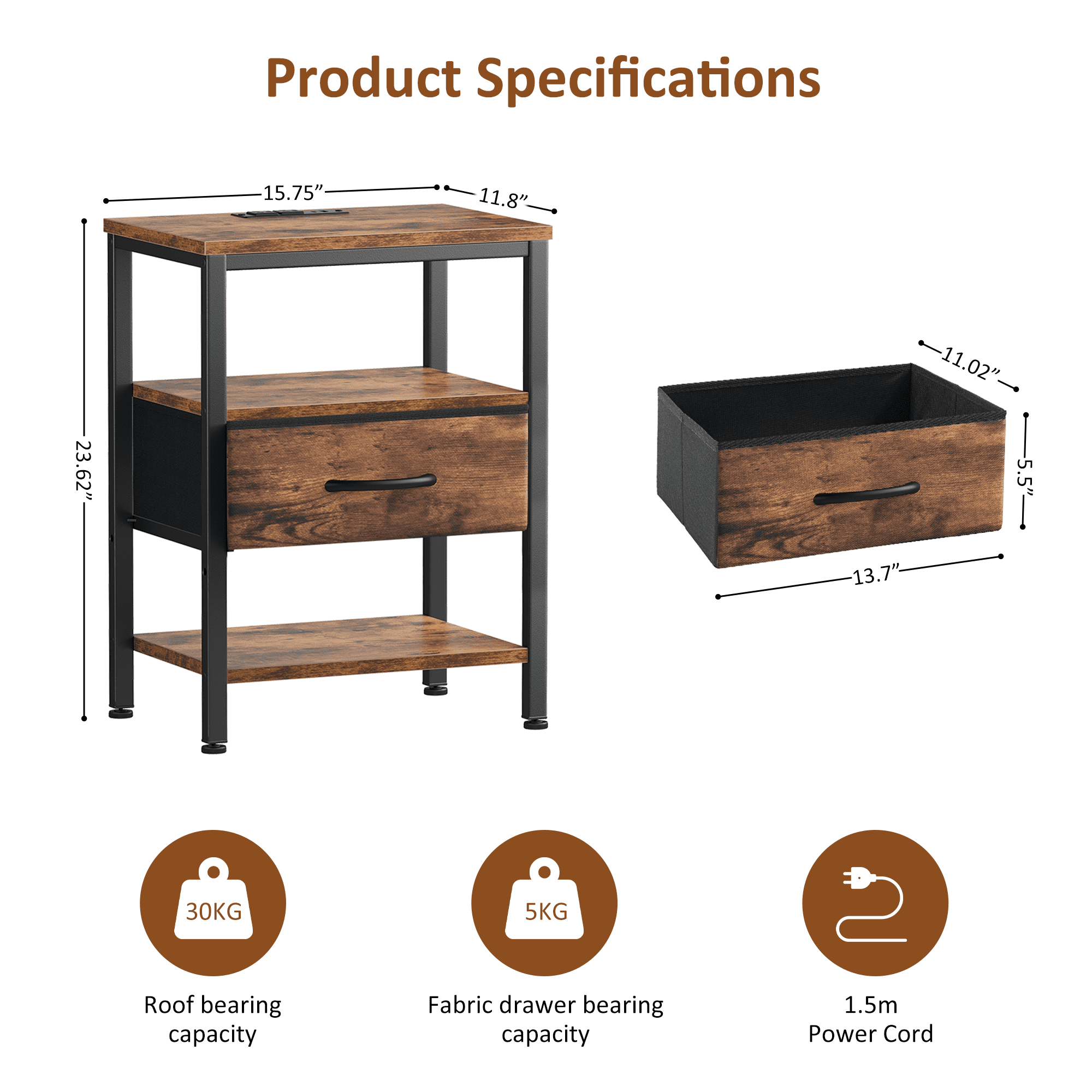 LIFERECORD Night Stand with Fabric Drawer, Nightstand with Charging Station, End Tables with Storage Shelf for Small Spaces, Bedside Table Side Tables for Bedroom, Rustic Brown