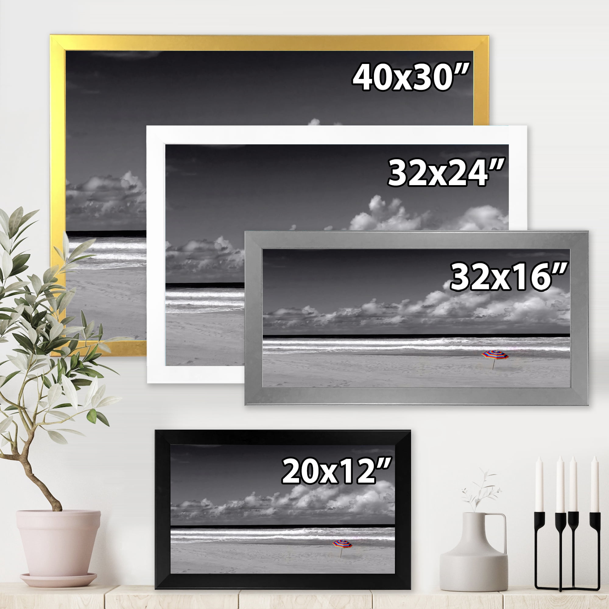 Designart 'Black and White Coastline Under Cloudy Sky' Lake House Framed Art Print
