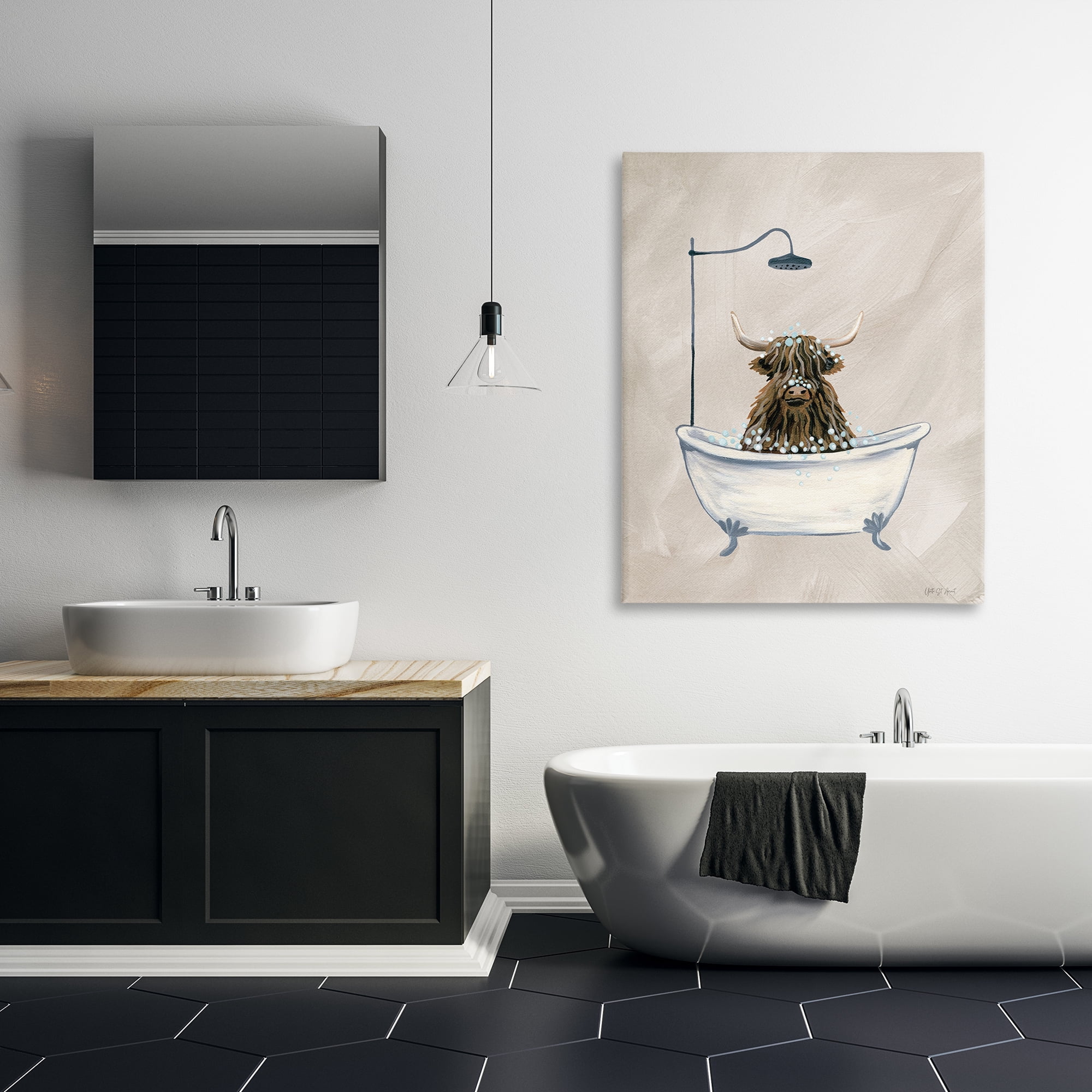 Stupell Industries Highland Cow Bubble Bath Typography Painting Gallery Wrapped Canvas Art Print Wall Art, 36 x 48