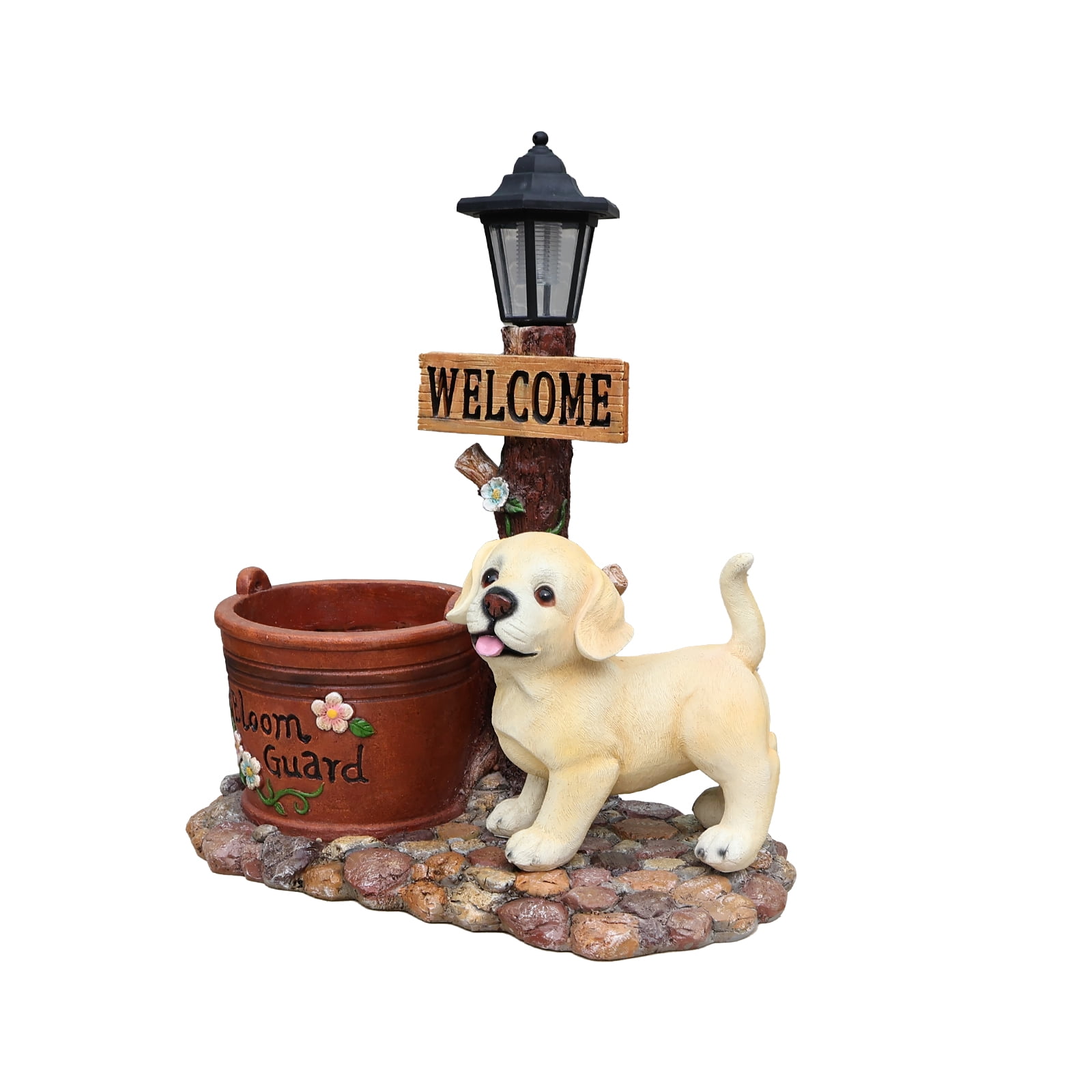 18.9'' Solar Labrador Puppy Solar Planter Garden Statue with LED Light,Outdoor Decorative Animal Figurines,8-10 Hour Working Time,Floral Basket Design,Lawn Yard Decor,Brown