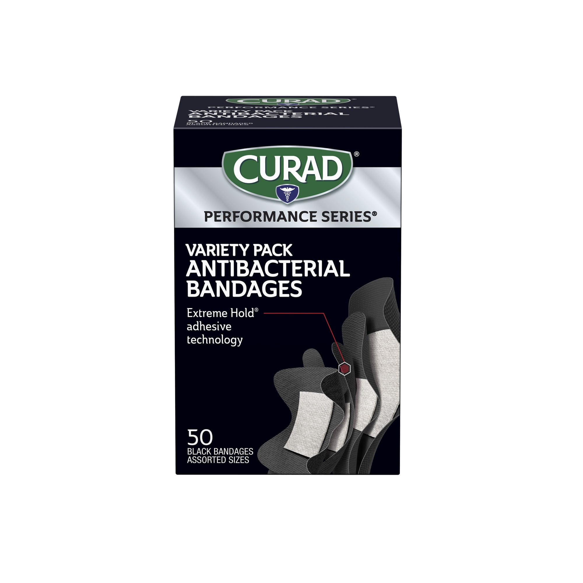 Curad Performance Series Antibacterial Bandages, Variety Pack, 50 Count, Black